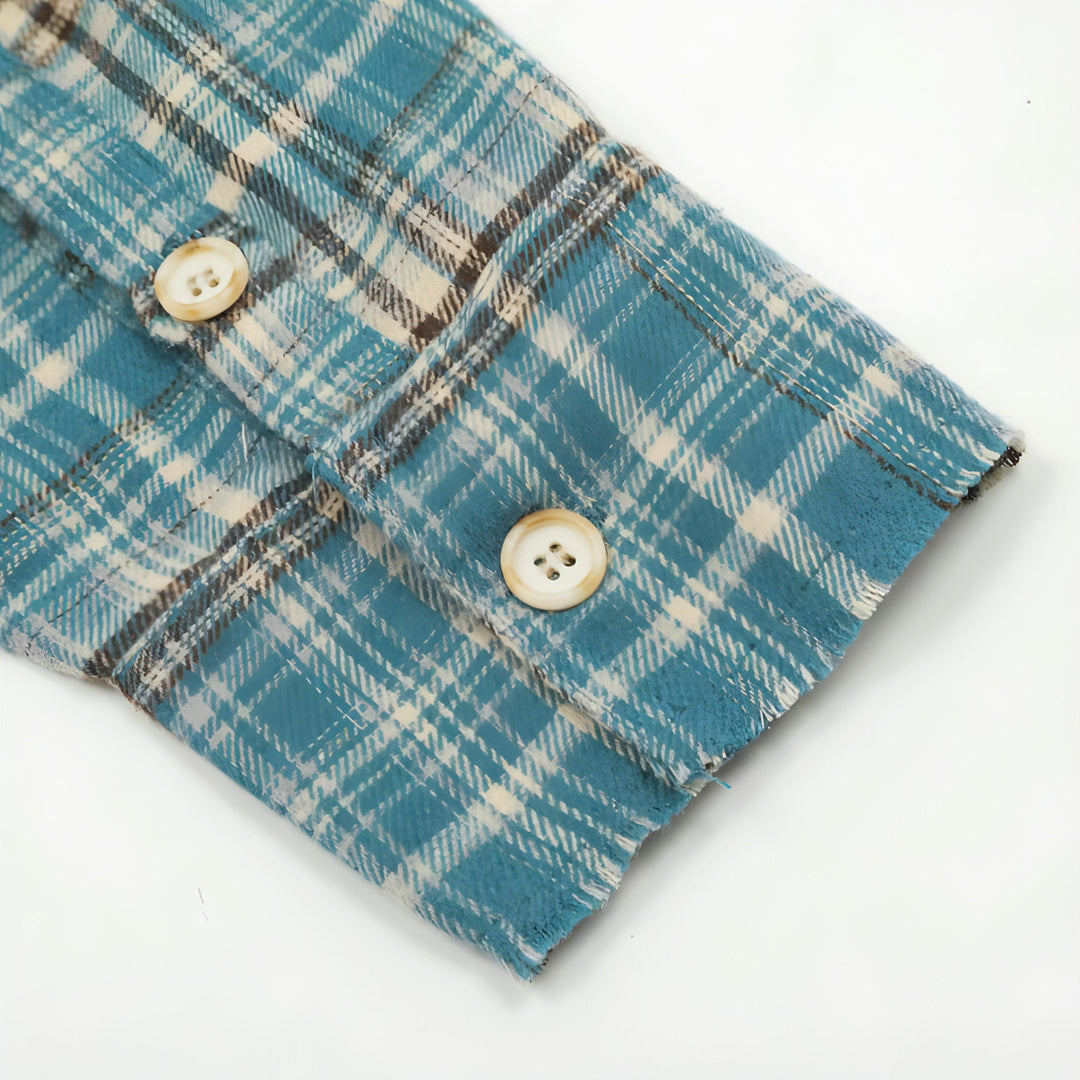 Plaid Long Sleeve DressShirt Casual Polo Collar Raw Edge Men
