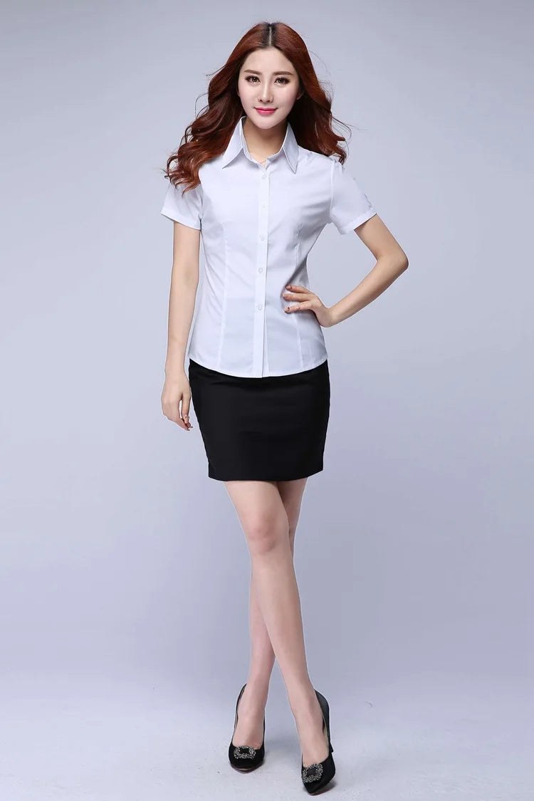 JFUNCY Women White Tops and Blouses 2023 Summer Elegant Short Sleeve Office Lady Work Wear Shirts Female Slim Blusas