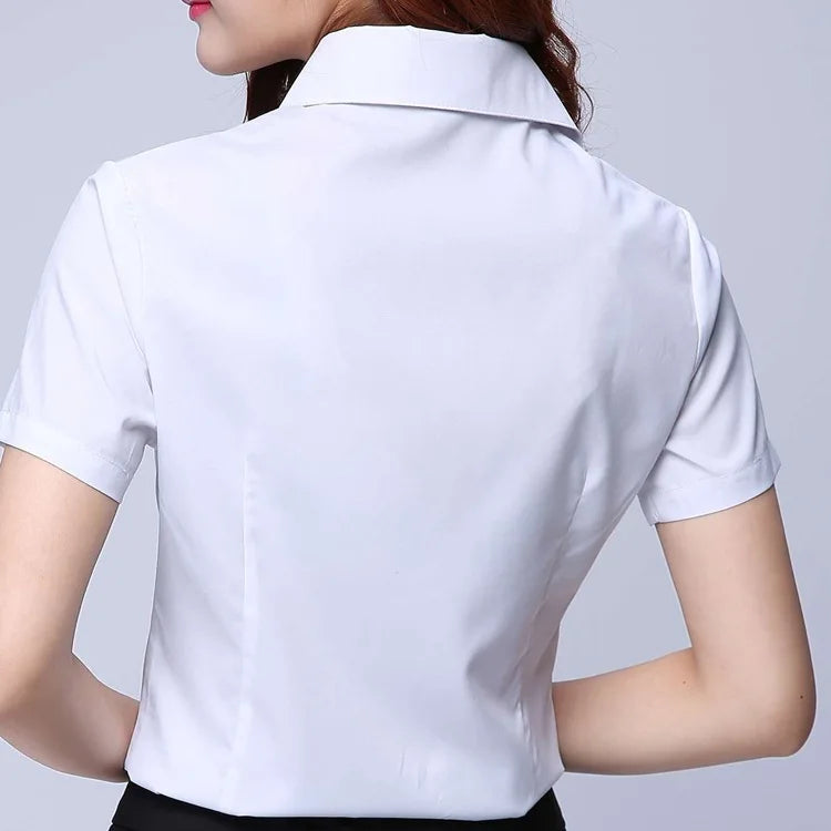 JFUNCY Women White Tops and Blouses 2023 Summer Elegant Short Sleeve Office Lady Work Wear Shirts Female Slim Blusas