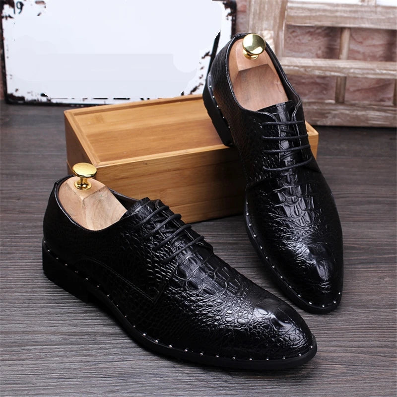 Fashion Men's Crocodile Grain Leather Dress Shoes Man Casual Pointed Toe Oxfords Mens Lace-Up Business Office Oxford Shoe