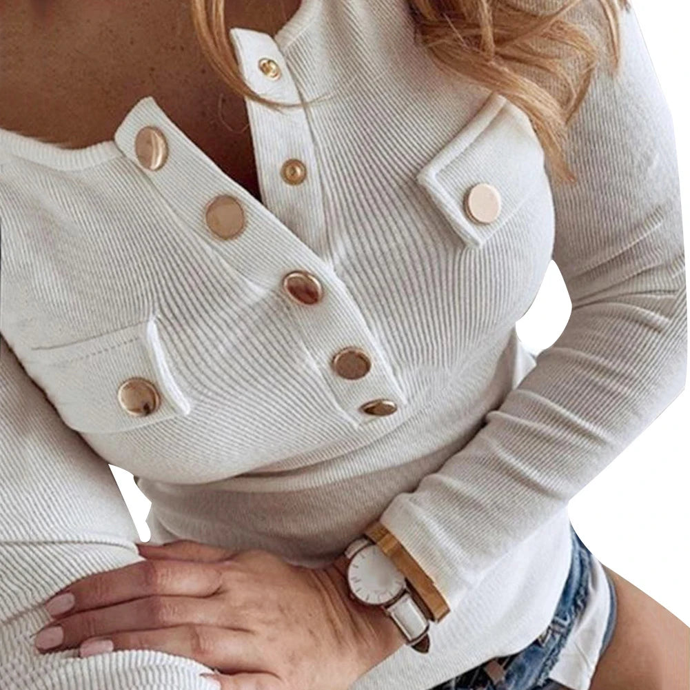 2020 Spring Autumn  Fashion Sexy Women Long Sleeve Solid Color Button-s Ribbed Slim  Low-cut Blouse M-5XL woman cloth