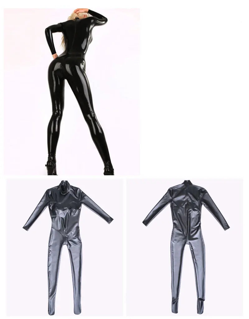 Women PVC 3D Full Bodysuit Latex Elasitc Sexy Tight Faux Leather Oil Shiny Bandage Bodycon Jumpsuit Cosplay Club Wear