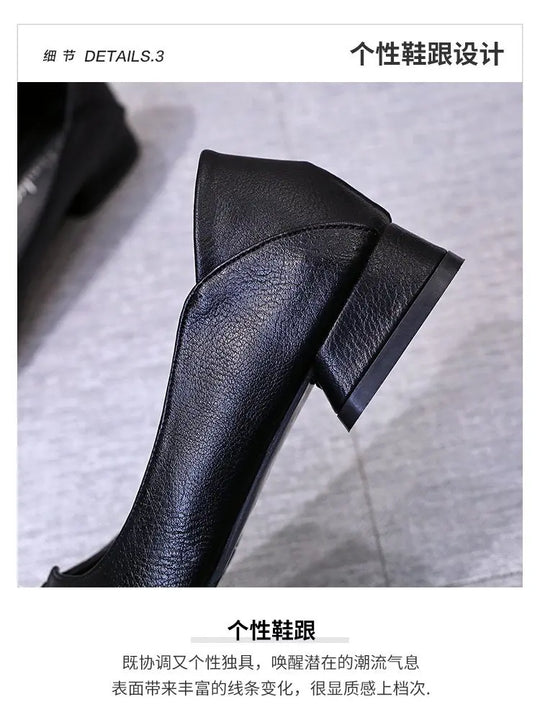 Women Leather Pumps Shoes Office Lady Med Square Heel Pointy Toe Slip on Work Shoes Classic Heel 4 Cm High Heels ShoesWomen