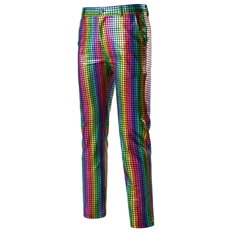 Rainbow Plaid Sequin Glitter Pants Men 70s Disco Party Dancer Singer Trousers Mens Nightclub DJ Stage Prom Pantalones Hombre 3XL