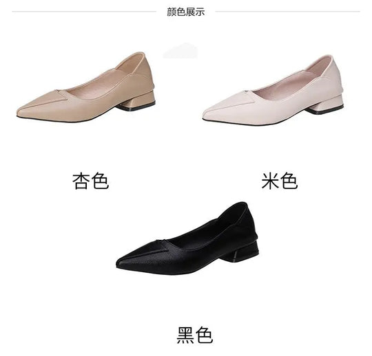 Women Leather Pumps Shoes Office Lady Med Square Heel Pointy Toe Slip on Work Shoes Classic Heel 4 Cm High Heels ShoesWomen