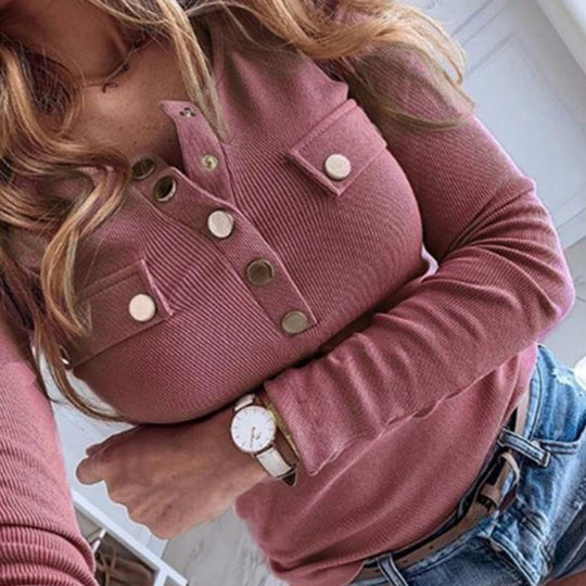 2020 Spring Autumn  Fashion Sexy Women Long Sleeve Solid Color Button-s Ribbed Slim  Low-cut Blouse M-5XL woman cloth