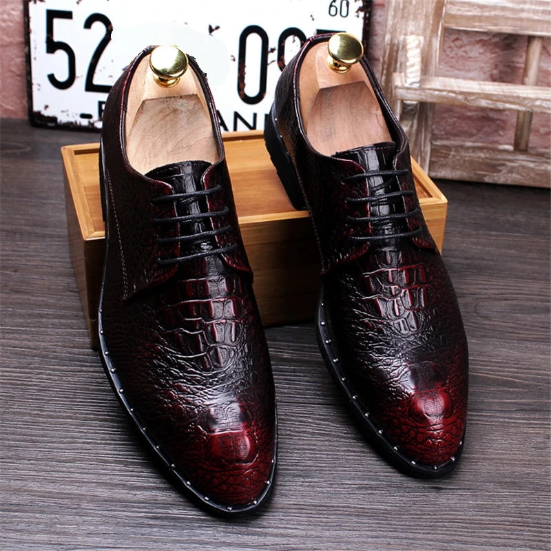 Fashion Men's Crocodile Grain Leather Dress Shoes Man Casual Pointed Toe Oxfords Mens Lace-Up Business Office Oxford Shoe