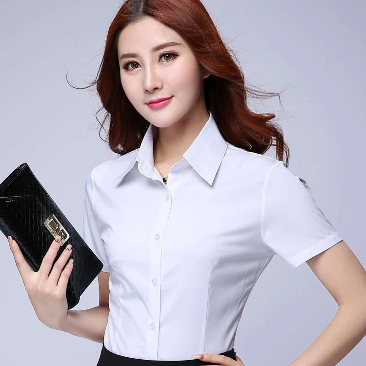 JFUNCY Women White Tops and Blouses 2023 Summer Elegant Short Sleeve Office Lady Work Wear Shirts Female Slim Blusas