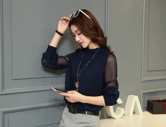 Chiffon Blouse New Women Tops Long Sleeve Stand Neck Work Wear Shirts Elegant Lady Casual Blouses women's blusas clothe