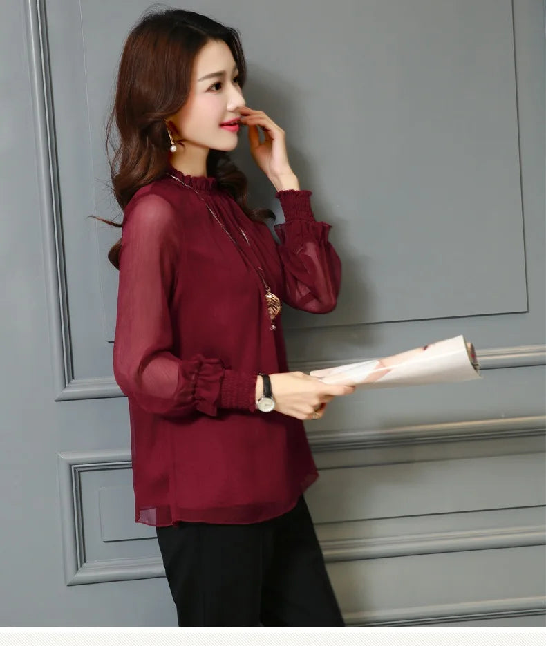 Chiffon Blouse New Women Tops Long Sleeve Stand Neck Work Wear Shirts Elegant Lady Casual Blouses women's blusas clothe