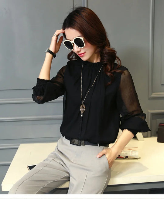 Chiffon Blouse New Women Tops Long Sleeve Stand Neck Work Wear Shirts Elegant Lady Casual Blouses women's blusas clothe