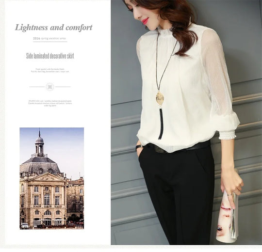 Chiffon Blouse New Women Tops Long Sleeve Stand Neck Work Wear Shirts Elegant Lady Casual Blouses women's blusas clothe