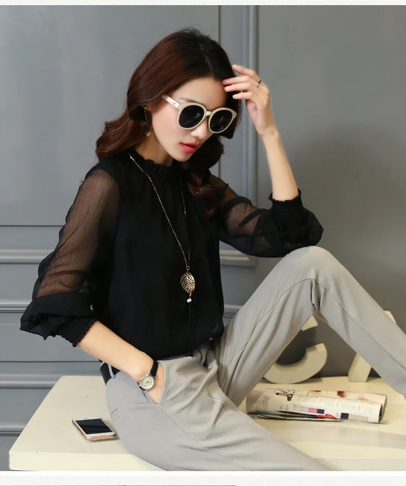 Chiffon Blouse New Women Tops Long Sleeve Stand Neck Work Wear Shirts Elegant Lady Casual Blouses women's blusas clothe