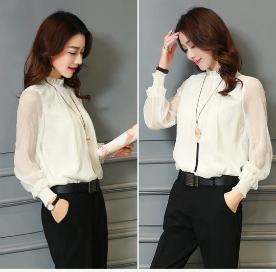 Chiffon Blouse New Women Tops Long Sleeve Stand Neck Work Wear Shirts Elegant Lady Casual Blouses women's blusas clothe