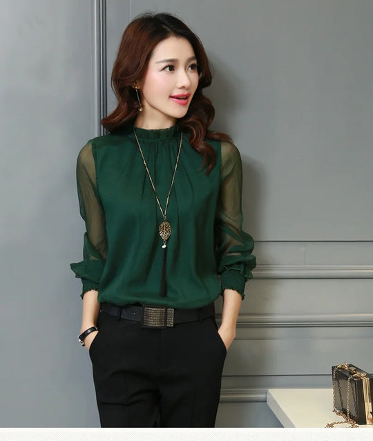 Chiffon Blouse New Women Tops Long Sleeve Stand Neck Work Wear Shirts Elegant Lady Casual Blouses women's blusas clothe