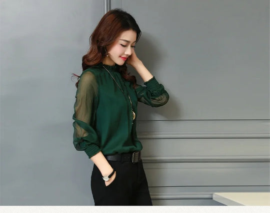 Chiffon Blouse New Women Tops Long Sleeve Stand Neck Work Wear Shirts Elegant Lady Casual Blouses women's blusas clothe