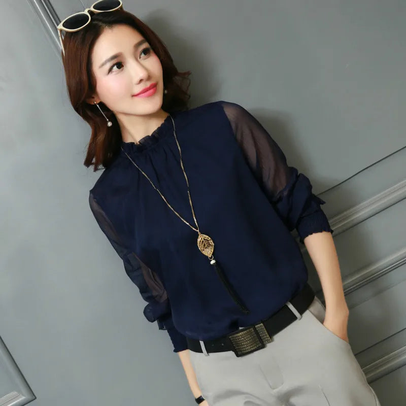 Chiffon Blouse New Women Tops Long Sleeve Stand Neck Work Wear Shirts Elegant Lady Casual Blouses women's blusas clothe