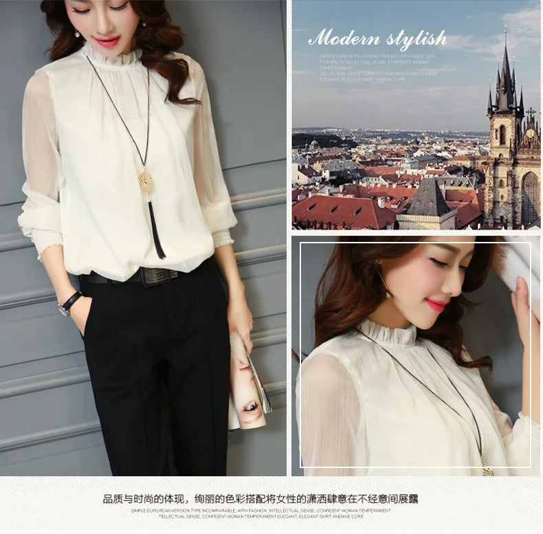 Chiffon Blouse New Women Tops Long Sleeve Stand Neck Work Wear Shirts Elegant Lady Casual Blouses women's blusas clothe