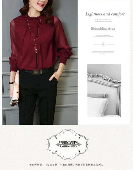 Chiffon Blouse New Women Tops Long Sleeve Stand Neck Work Wear Shirts Elegant Lady Casual Blouses women's blusas clothe