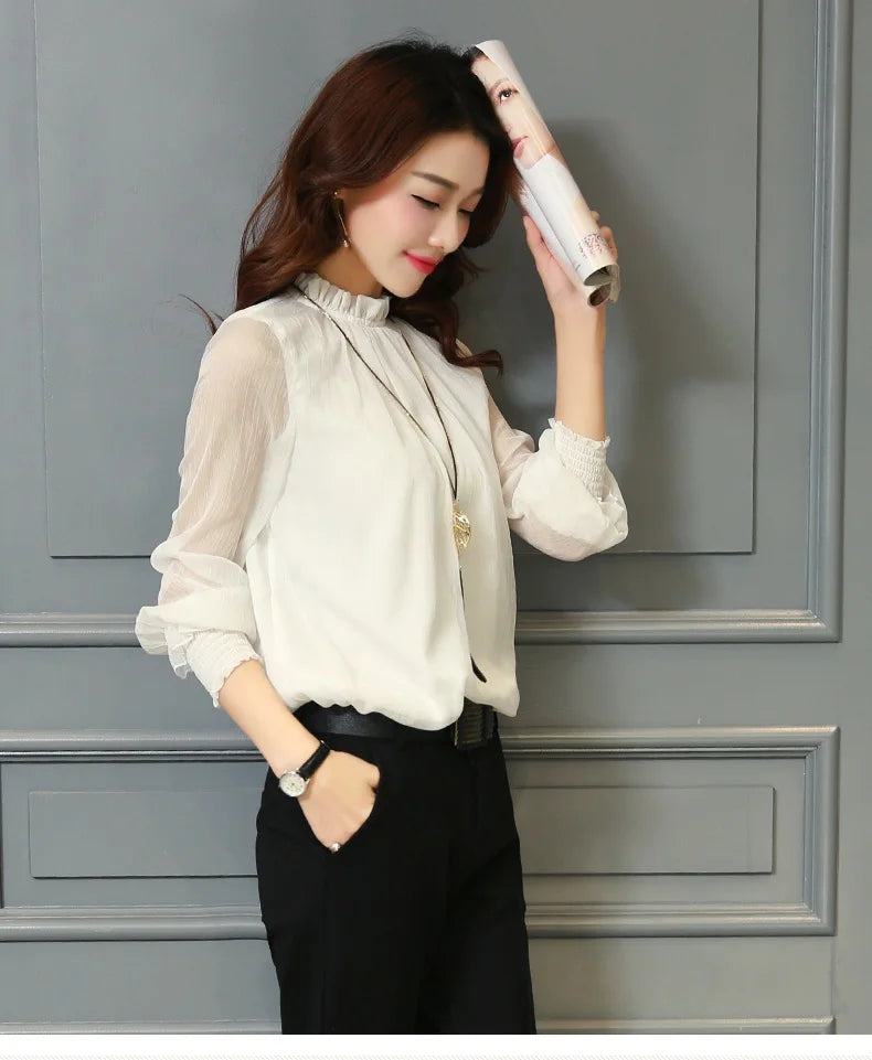 Chiffon Blouse New Women Tops Long Sleeve Stand Neck Work Wear Shirts Elegant Lady Casual Blouses women's blusas clothe