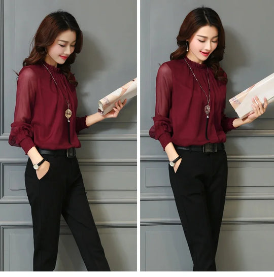 Chiffon Blouse New Women Tops Long Sleeve Stand Neck Work Wear Shirts Elegant Lady Casual Blouses women's blusas clothe