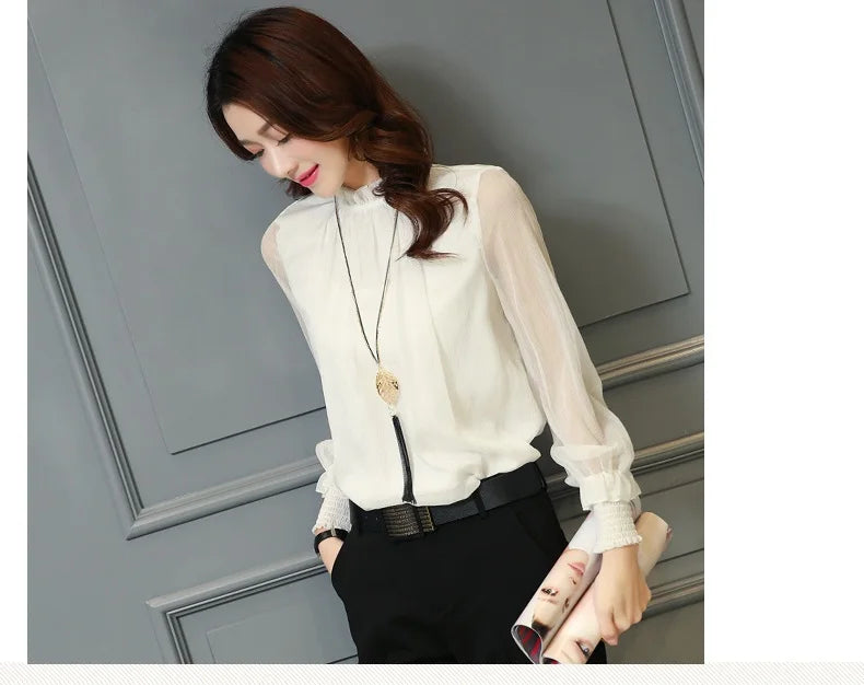 Chiffon Blouse New Women Tops Long Sleeve Stand Neck Work Wear Shirts Elegant Lady Casual Blouses women's blusas clothe