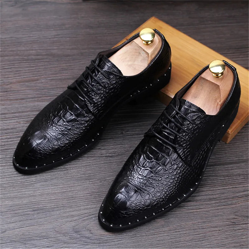 Fashion Men's Crocodile Grain Leather Dress Shoes Man Casual Pointed Toe Oxfords Mens Lace-Up Business Office Oxford Shoe