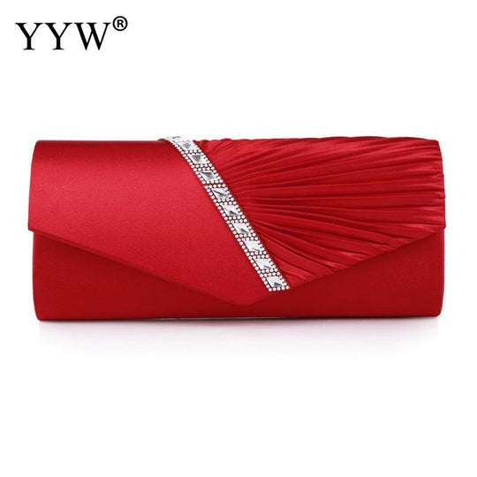 Folds Rhinestone Decor Chain Clutch Bags For Women 2024 Red Evening Party Clucth Envelope Bag Female Girl Luxury Shoulder Pouch