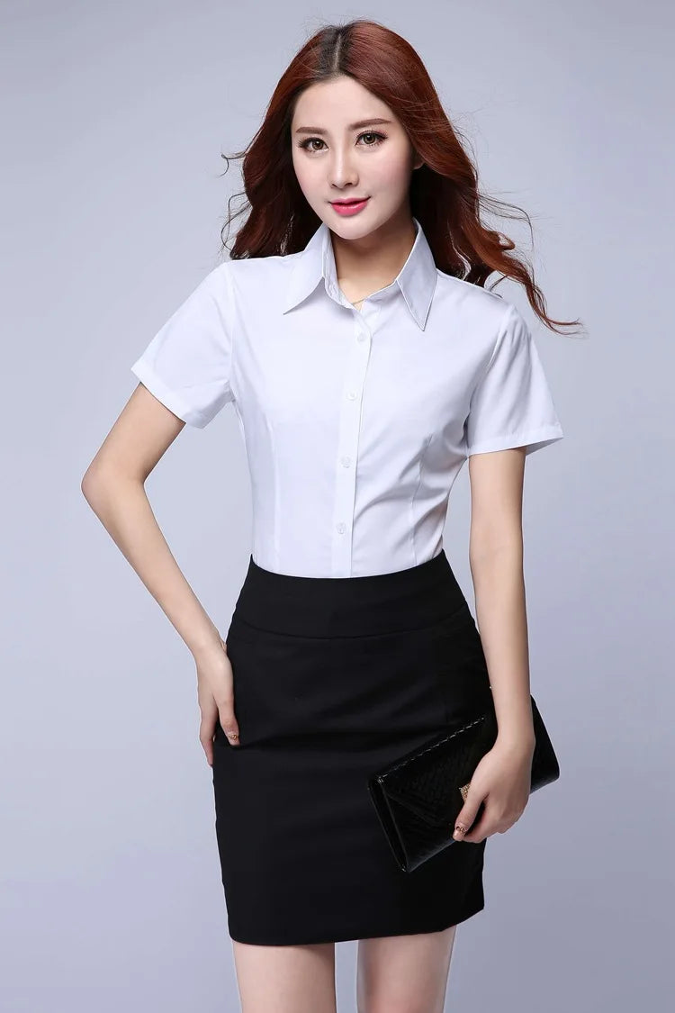 JFUNCY Women White Tops and Blouses 2023 Summer Elegant Short Sleeve Office Lady Work Wear Shirts Female Slim Blusas