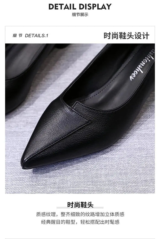 Women Leather Pumps Shoes Office Lady Med Square Heel Pointy Toe Slip on Work Shoes Classic Heel 4 Cm High Heels ShoesWomen