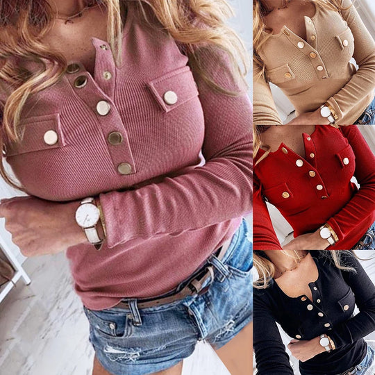 2020 Spring Autumn  Fashion Sexy Women Long Sleeve Solid Color Button-s Ribbed Slim  Low-cut Blouse M-5XL woman cloth