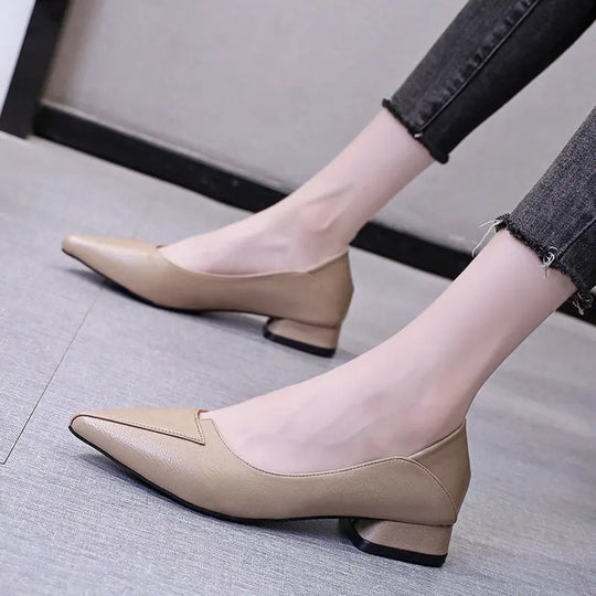 Women Leather Pumps Shoes Office Lady Med Square Heel Pointy Toe Slip on Work Shoes Classic Heel 4 Cm High Heels ShoesWomen