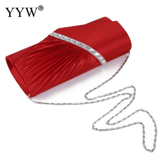 Folds Rhinestone Decor Chain Clutch Bags For Women 2024 Red Evening Party Clucth Envelope Bag Female Girl Luxury Shoulder Pouch