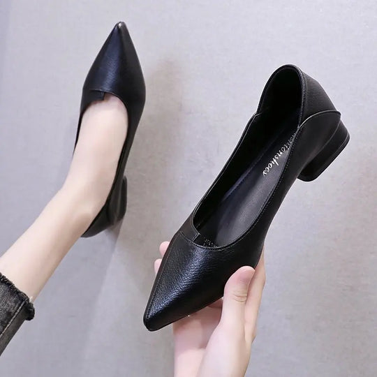 Women Leather Pumps Shoes Office Lady Med Square Heel Pointy Toe Slip on Work Shoes Classic Heel 4 Cm High Heels ShoesWomen