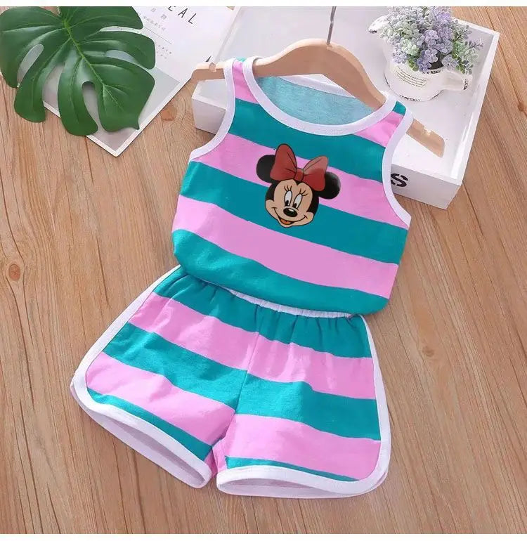 Summer Baby Kids Clothes Sets Cute Minnie Mickey Cartoon Girls and Boys Vest and Shorts 2pieces Disney Children's Outfits