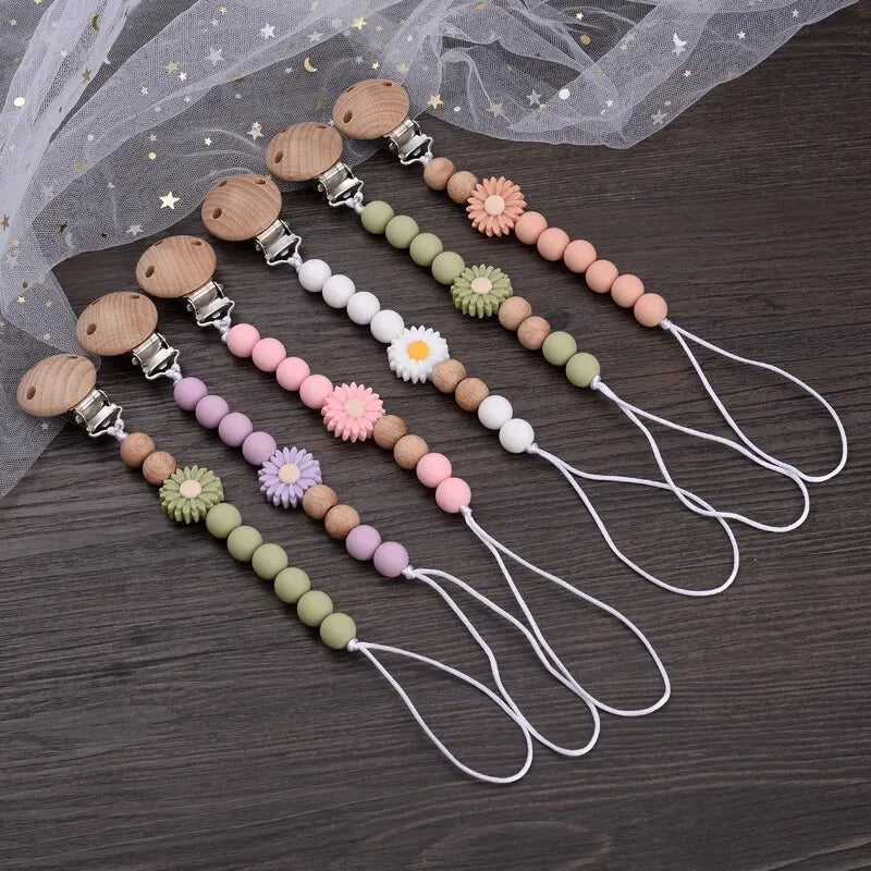 Baby Beech Wood Pacifier Silicone Flower Beaded Nipple Clips For Soother Pacifier Holder Chain Nursing Toy Shower Gift