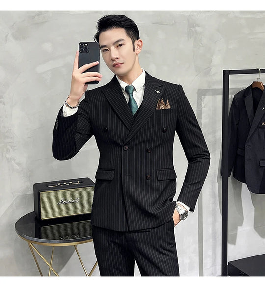 2023 Fashion New Men's Boutique Business Slim Wedding Striped Double Breasted Suit Blazers Jacket Pants Trousers Vest 3 Pcs Set