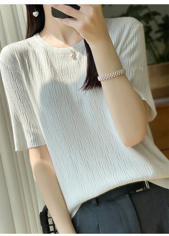 Summer Ice Silk Short Sleeve T-Shirt Female Joker Solid Color Ladies Pullover Loose Thin Round Neck Sweater To Wear Outside