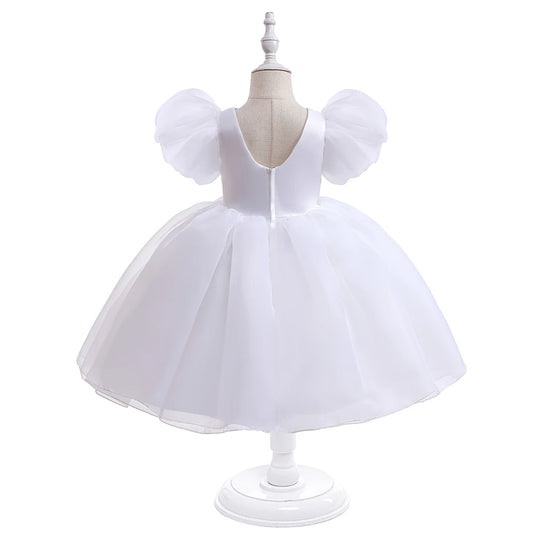 Fashion Girl White Princess Dress Tulle Puff Sleeve Wedding Party Kids Dresses for Girls Birthday Child Clothes Bridemaids Gown