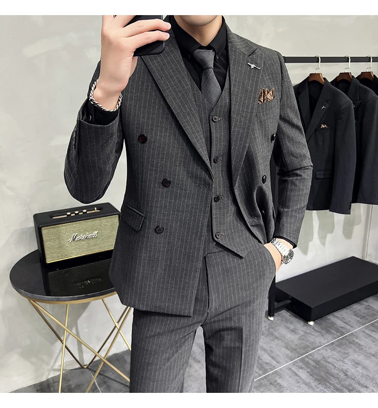 2023 Fashion New Men's Boutique Business Slim Wedding Striped Double Breasted Suit Blazers Jacket Pants Trousers Vest 3 Pcs Set