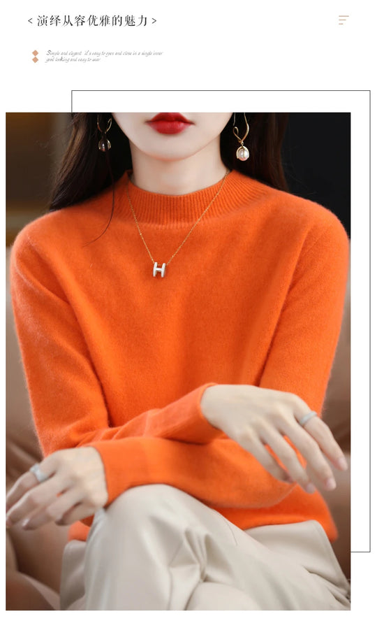 Autumn And Winter Women's Pullover 100% Pure Wool Seamless Ready-To-Wear Semi-High Collar Skin-Friendly Fashion Knitted Sweater