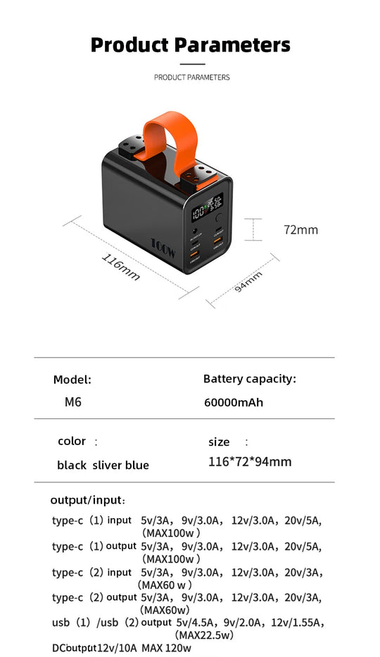 Large Capacity Power Bank Station 60000mAh 100W PD USB C DC Fast Charge External Battery Portable Powerbank For iPhone 14