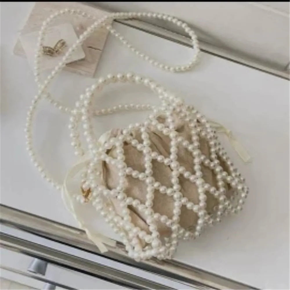 Personalized Fashion Pearl Crossbody Bag Women'S Hollow Woven Shoulder Bags Girls Handbag Tote Bag Portable Femiminas Bag