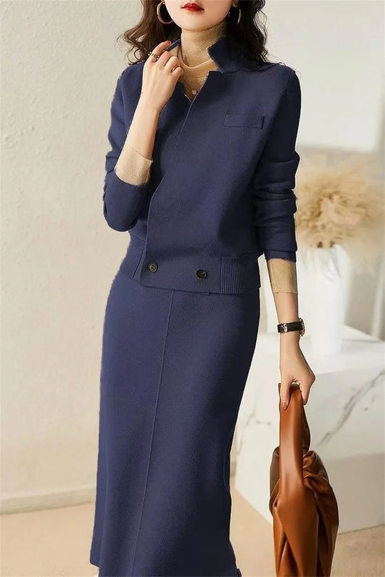 High Quality Autumn Wear With Complete Set 2023 New Fashion Lady Jacket Skirt Winter Knit Two-Piece Set Sweater+Pant Suits Navy