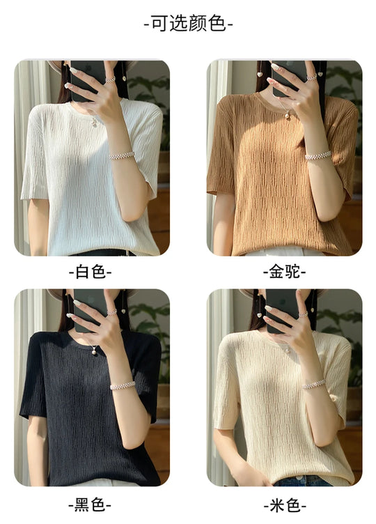 Summer Ice Silk Short Sleeve T-Shirt Female Joker Solid Color Ladies Pullover Loose Thin Round Neck Sweater To Wear Outside