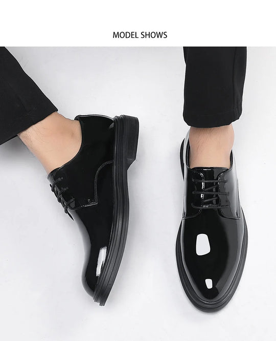 FUQIAO New Men 6/8cm Derby Shoes Patent Leather Height Increase Men Dress Shoes Formal Elevator Business Lift Shoes Bright Upper