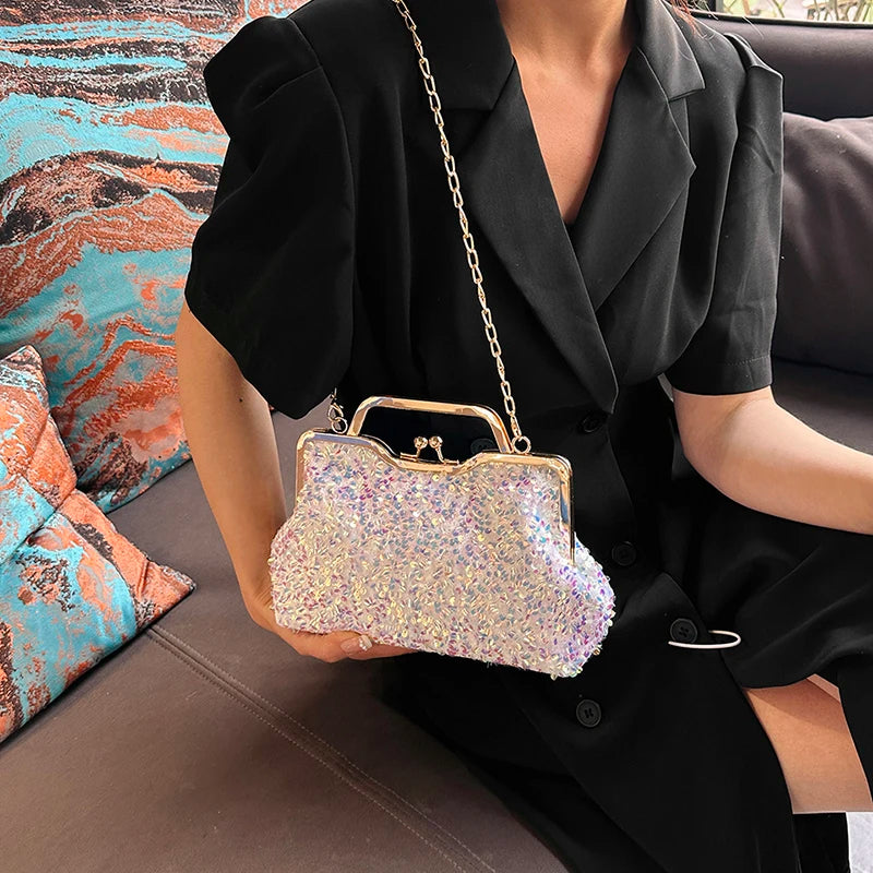 LEFTSIDE Sequin Crossbody Bags for Women 2023 Luxury Designer Fashion Party Handbags Trend Chain Cluth