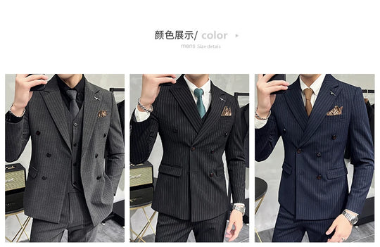 2023 Fashion New Men's Boutique Business Slim Wedding Striped Double Breasted Suit Blazers Jacket Pants Trousers Vest 3 Pcs Set