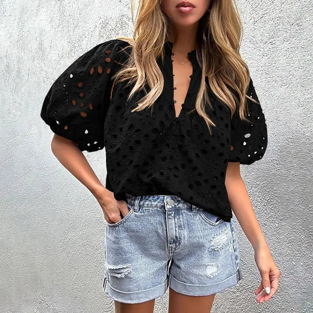 Eyelet Embroidered Shirt White Lace Blouse Hollow Out Loose Fit Top Wear Women's Summer Clothing