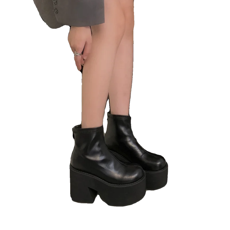 Black Boots Rock Shoes Woman Round Toe Crossdresser Zipper Riding Rubber Autumn Punk Mid-Calf Mid Calf Lolita High Heel Ladies R